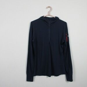 Icebreaker Terra Long Sleeve Half Zip Hood Women L Blue Wool Activewear 310
